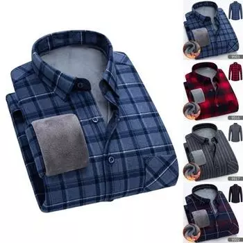 Мужская зимне-осенняя рубашка в клетку с контрастным цветным отворотом и длинным рукавом, толстая плюшевая рубашка в деловом стиле с накладным карманом, однобортная средней длины 2XL вино красного