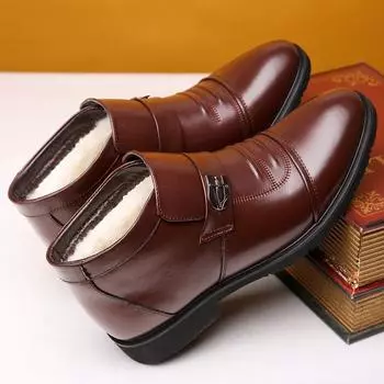 Мужская зимняя деловая обувь с меховой подкладкой, мокасины без шнуровки, мужская воловья кожа, шерстяная подкладка, сохраняющая тепло обувь 38 чёрный