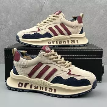 Мужская зимняя дышащая обувь 2025 года, новая спортивная и повседневная кожаная обувь с мягкой подошвой, мужская ретро-туфля с тремя перекладинами на платформе для пап 39