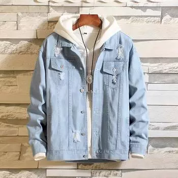 Мужская Зимняя Джинсовая Куртка Пальто Топ Блузка Верхняя Одежда с Эффектом Потертости и Винтажной Стиркой L