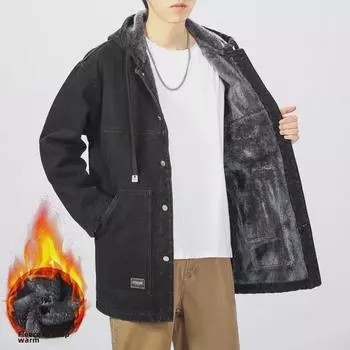 Мужская зимняя джинсовая куртка свободного кроя с флисовой подкладкой и капюшоном - модная ветровка средней длины из овчины 3XL