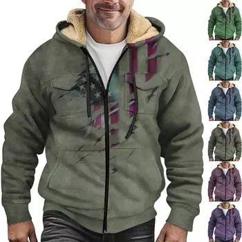 Мужская зимняя флисовая толстовка с капюшоном на молнии с накладным карманом, повседневная куртка L армия зеленый