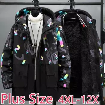 Мужская зимняя хлопковая одежда больших размеров средней длины в повседневном стиле со свободной съемной подкладкой 4XL-12XL 12XL чёрный