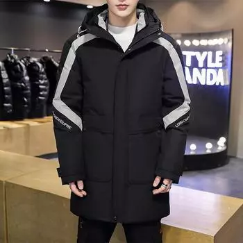 Мужская зимняя корейская версия, средняя и длинная пуховая молодежная утолщенная хлопковая куртка с капюшоном для отдыха M армия зеленый