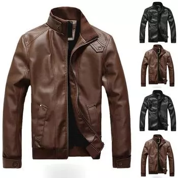 Мужская зимняя кожаная куртка Байкерская мотоциклетная молния с длинным рукавом Пальто Топ Блузки L чёрный