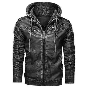 Мужская зимняя кожаная куртка, зимняя толстая военная мотоциклетная байкерская куртка из искусственной кожи, пальто со съемным капюшоном S хаки