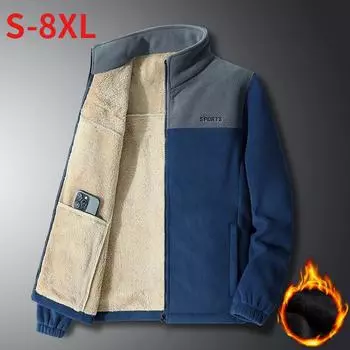 Мужская зимняя куртка большого размера из флиса и бархата, толстая теплая куртка с воротником-стойкой и застежкой-молнией XXL чёрный