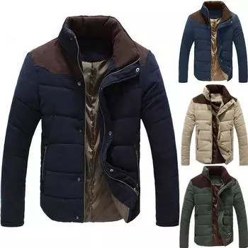 Мужская зимняя куртка-бомбер с воротником-стойкой и застежкой-молнией цвета персикового кашемира XXL тёмно-синий