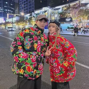 Мужская зимняя куртка из хлопка цвета пиона — большой размер, праздничный национальный тренд M чёрный