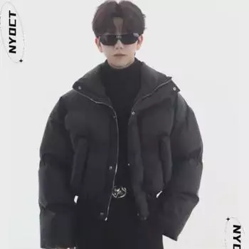 Мужская зимняя куртка из искусственной кожи с воротником-стойкой и хлопком – свободная, утолщенная, повседневная M чёрный