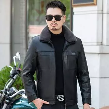 Мужская зимняя куртка из натуральной кожи с бархатом и утолщенным мехом, универсальная повседневная куртка для людей среднего и пожилого возраста, куртка из овчины 175
