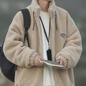 Мужская зимняя куртка из овчины в японском стиле Cityboy с воротником-стойкой — свободная, модная, из утолщенного хлопка с бархатной подкладкой XL хаки