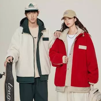 Мужская зимняя куртка из овечьего флиса, утолщенная бархатом, теплая модель с капюшоном, свободная имитация двухкомпонентной хлопковой куртки для пар M