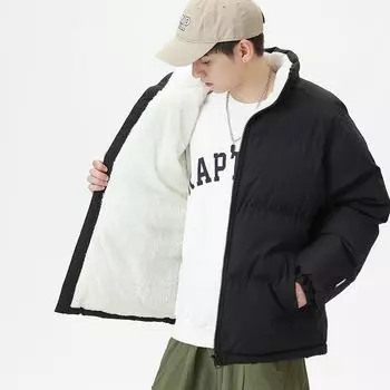 Мужская зимняя куртка из овечьего флиса - свободная, утолщенная, плюс бархат, теплое хлопковое пальто для пар L зелёный