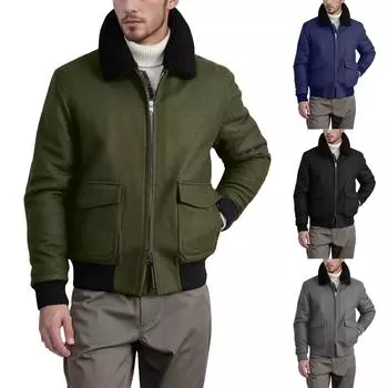 Мужская зимняя куртка на молнии с большим карманом, однотонная плюшевая ретро-классика L армия зеленый