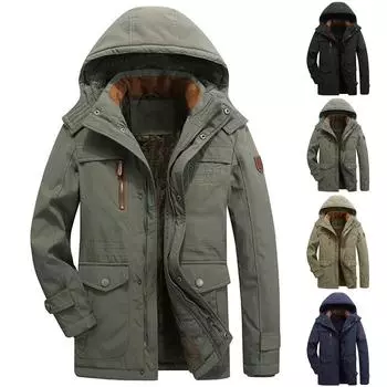 Мужская зимняя куртка на молнии с большим карманом, однотонная плюшевая ретро-классика L армия зеленый