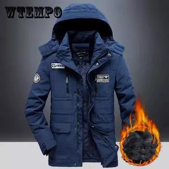 Мужская зимняя куртка плюс бархатное толстое теплое пальто со съемной шапкой, мужская куртка на хлопковой подкладке, повседневная парка 4XL синий