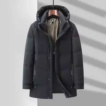 Мужская зимняя куртка-пуховик на утином пуху, теплая, средней и длинной длины, с капюшоном, самонагревающаяся, молодежная куртка-пуховик 170 чёрный