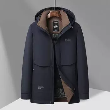 Мужская зимняя куртка-пуховик, новый стиль, средней длины, с капюшоном, утепленная, утепленная, съемная подкладка, мужская куртка-пуховик L темно-синий