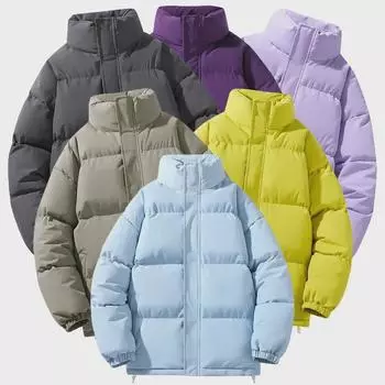 Мужская зимняя куртка-пуховик свободного кроя с воротником-стойкой - корейский стиль, однотонная, теплое хлопковое пальто для пар Large зелёный/серый