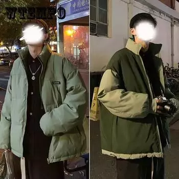 Мужская зимняя куртка-пуховик, толстая теплая куртка с хлопковой подкладкой, пальто с капюшоном, вышитые слова, на молнии, куртку-хлеб можно носить на обе стороны 3XL зелёный