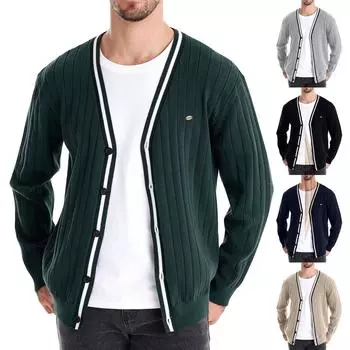 Мужская зимняя куртка с V-образным вырезом и длинными рукавами, контрастная цветная отделка, мужской свободный однотонный вязаный кардиган XL бежевый