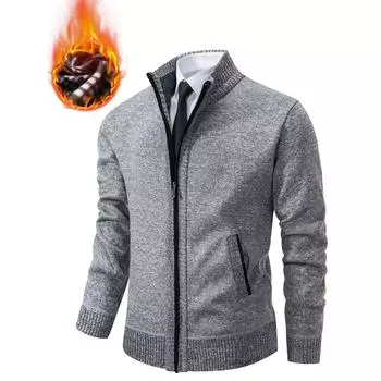 Мужская зимняя куртка с воротником-стойкой, модное флисовое пальто на молнии, свитер с подкладкой, вязаный кардиган, джемпер, верхняя одежда 4XL чёрный