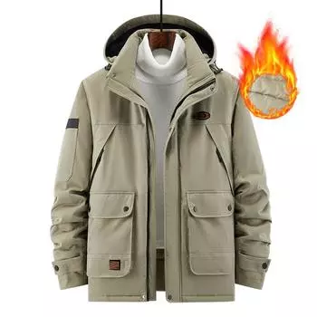 Мужская зимняя многокарманная рабочая хлопковая куртка с добавлением бархата и толстой отделкой, ветрозащитная хлопковая куртка со съемным капюшоном для улицы L