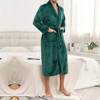 Мужская зимняя ночная рубашка из плотной фланели, теплая, обтягивающая талия, со шнуровкой на поясе, однотонные карманы с лацканами, отличное впитывание воды, средняя длина, домашняя одежда для спа-салона S серый