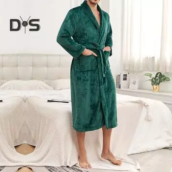 Мужская зимняя ночная рубашка из плотной фланели, теплая, с узкой талией и поясом на шнуровке, однотонные карманы с лацканами, отличное впитывание воды, средняя длина, домашняя одежда для спа-отеля S чёрный