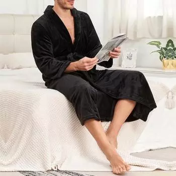 Мужская зимняя ночная рубашка из плотной фланели, теплая, с узкой талией и поясом на шнуровке, однотонная S чёрный