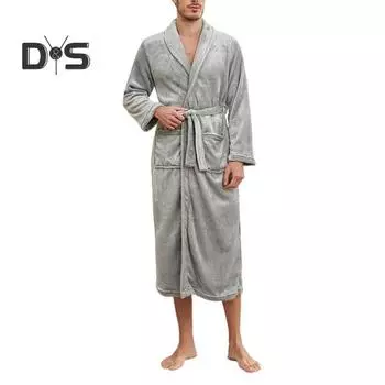 Мужская зимняя ночная рубашка из плотной фланели, теплая, с узкой талией и поясом на шнуровке, однотонные карманы с лацканами, отличное впитывание воды, средняя длина, домашняя одежда для спа-отеля S чёрный