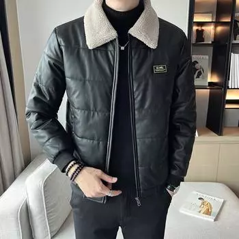 Мужская зимняя новая корейская версия трендовой мужской молодежной модной повседневной утолщенной куртки с большими лацканами из кожи и хлопковой подкладкой M
