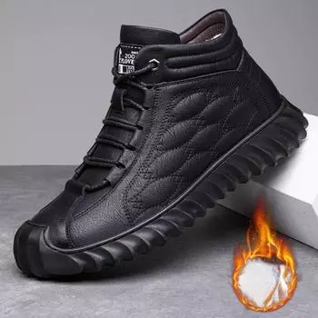 Мужская зимняя обувь, модные флисовые теплые кожаные ботинки, роскошные дизайнерские повседневные спортивные удобные ботильоны, обувь 38 чёрный