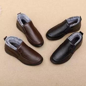 Мужская зимняя обувь, утолщенные плюшевые теплые мужские повседневные короткие ботинки, нескользящие водонепроницаемые кожаные ботинки, удобные зимние ботинки для папы 39 темно-коричневого