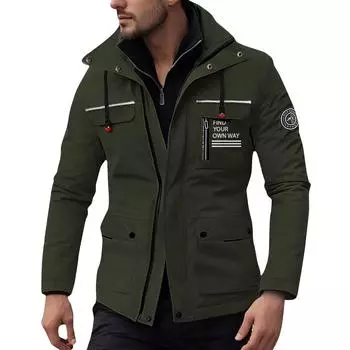 Мужская зимняя однотонная деловая куртка с капюшоном, мужская ветровка средней длины L армия зеленый