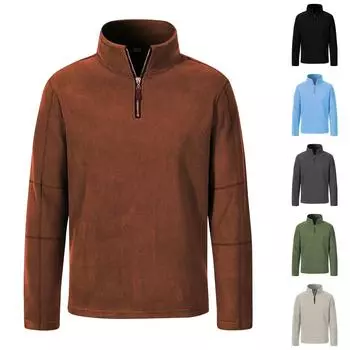 Мужская зимняя однотонная флисовая толстовка, мужская повседневная толстовка с полузастежкой-молнией и воротником-стойкой L чёрный