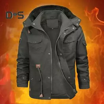 Мужская зимняя однотонная куртка, пальто, съемный воротник-стойка с капюшоном, флисовая подкладка с длинными рукавами и несколькими карманами, верхняя одежда на молнии M чёрный