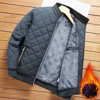 Мужская зимняя однотонная куртка, пальто с воротником-стойкой, карманы с длинными рукавами, планка на молнии, теплое пальто, клетчатая текстура, повседневная верхняя одежда на флисовой подкладке L серый