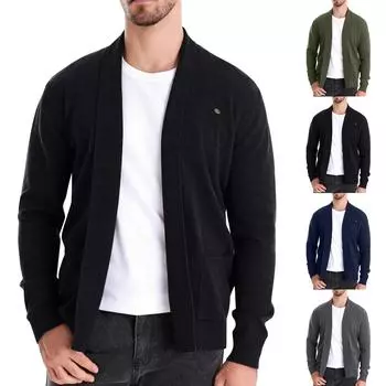 Мужская зимняя однотонная куртка-свитер с длинным рукавом, мужской свободный однотонный вязаный кардиган L чёрный