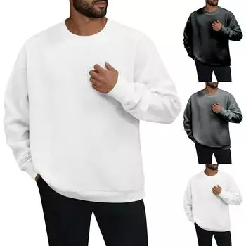 Мужская зимняя однотонная полосатая повседневная толстовка с длинным рукавом и круглым вырезом M белый