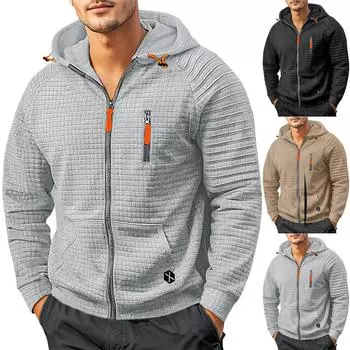 Мужская зимняя однотонная толстовка с капюшоном на молнии, мужская повседневная толстовка в клетку L чёрный