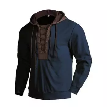 Мужская зимняя однотонная толстовка с высоким воротом и завязками, мужская ребристая толстовка с капюшоном и длинными рукавами L синий