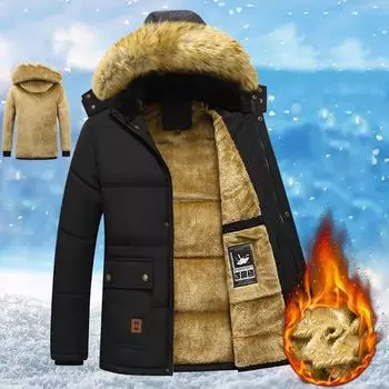 Мужская зимняя осенняя рабочая парка, черная флисовая подкладка, толстое теплое пальто с капюшоном и меховым воротником, размер плюшевой куртки XXS чёрный