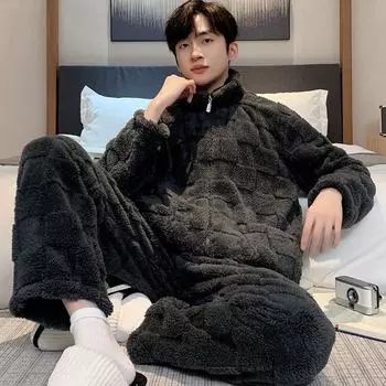 Мужская зимняя пижама из кораллового флиса - плотная бархатная фланель, повседневная домашняя одежда, большой размер XPW5020, 3XL