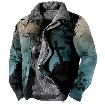 Мужская зимняя Повседневная куртка на пуговицах с длинным рукавом и принтом на Хэллоуин, толстое пальто XXXL серый