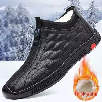 Мужская зимняя повседневная обувь из кожи с плюшевой подкладкой 2024 года: Теплые, с мягкой подошвой, из хлопка для защиты от холода 41 хаки
