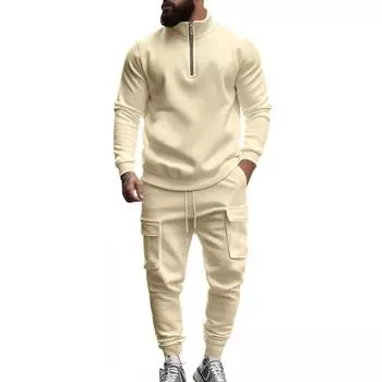 Мужская зимняя повседневная теплая бархатная толстовка на молнии с воротником-стойкой, мужские спортивные брюки, комплект из толстовки L бежевый
