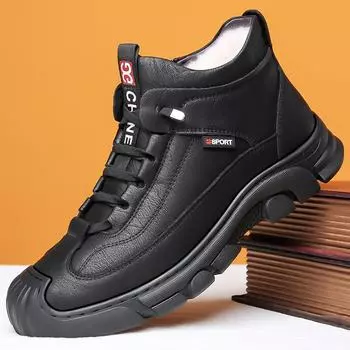 Мужская зимняя повседневная теплая кожаная обувь, уличные зимние ботинки с меховой подкладкой для мужчин, высокие нескользящие походные кроссовки с флисовой подкладкой 39 чёрный