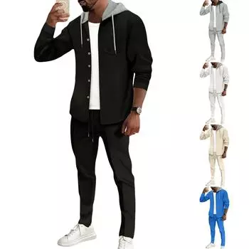 Мужская зимняя повседневная теплая толстовка с капюшоном на пуговицах, мужские спортивные брюки с капюшоном L чёрный
